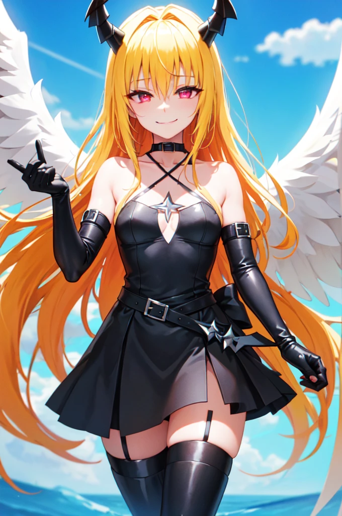 (masterpiece:1.6, best quality), (finely detailed beautiful eyes: 1.2), phyami, yamidarkness, 1girl, solo, blonde hair, wings, long hair, horns, red eyes, black wings, bare shoulders, hair intakes, collarbone, choker, demon horns, halterneck, feathered wings, collar, anime coloring, hair between eyes, criss-cross halter, black dress, demon girl, bangs, very long hair, light smile, 
laugh at,too evil smile,too evil smirk,looking down at viewer,upper body,smile bad,deep shaded face,evil fall,latex elbow gloves,latex thighhigh boots,
