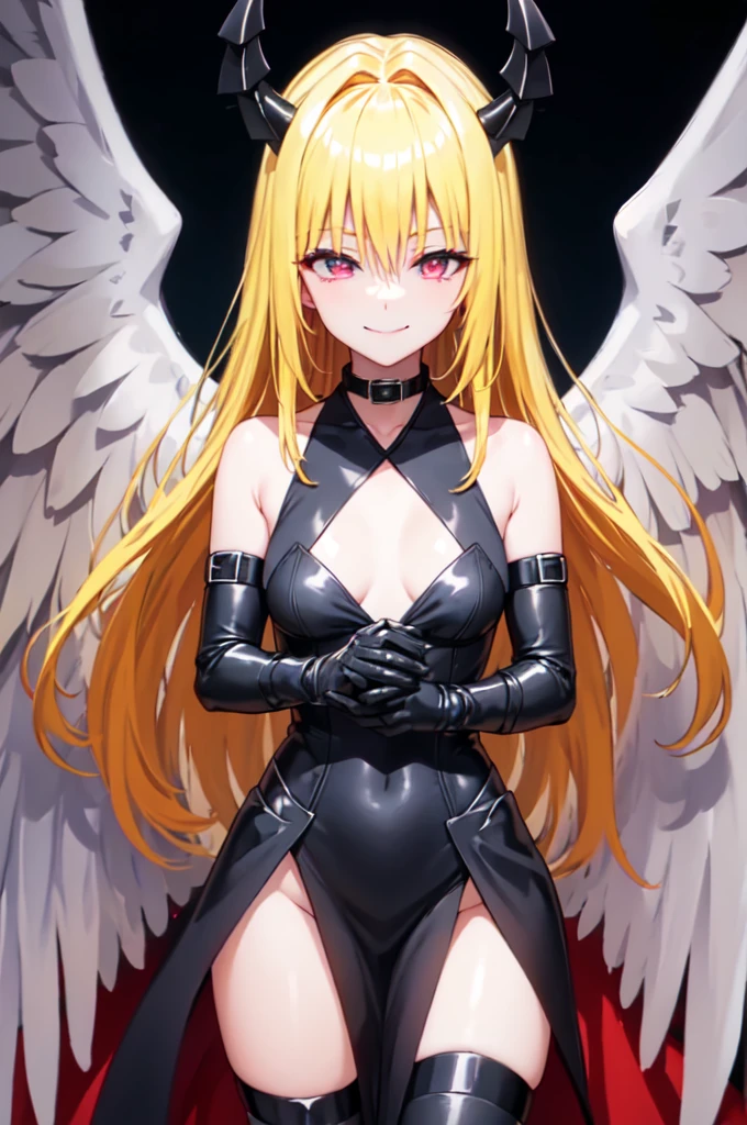 (masterpiece:1.6, best quality), (finely detailed beautiful eyes: 1.2), phyami, yamidarkness, 1girl, solo, blonde hair, wings, long hair, horns, red eyes, black wings, bare shoulders, hair intakes, collarbone, choker, demon horns, halterneck, feathered wings, collar, anime coloring, hair between eyes, criss-cross halter, black dress, demon girl, bangs, very long hair, light smile,
laugh at,too evil smile,too evil smirk,looking down at viewer,upper body,smile bad,deep shaded face,evil fall,latex elbow gloves,latex thighhigh boots,