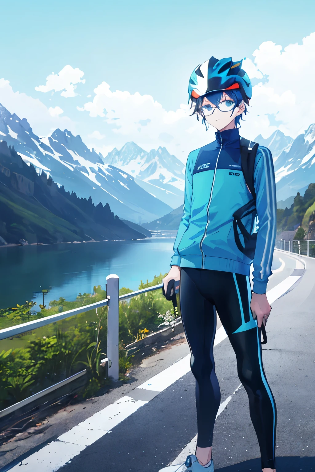 1 young male wearing glasses Wears a blue cycling uniform and black pants. wearing a white bicycle helmet white road bike Standing next to a bicycle Road and mountain background, anime style, symmetrical image details.