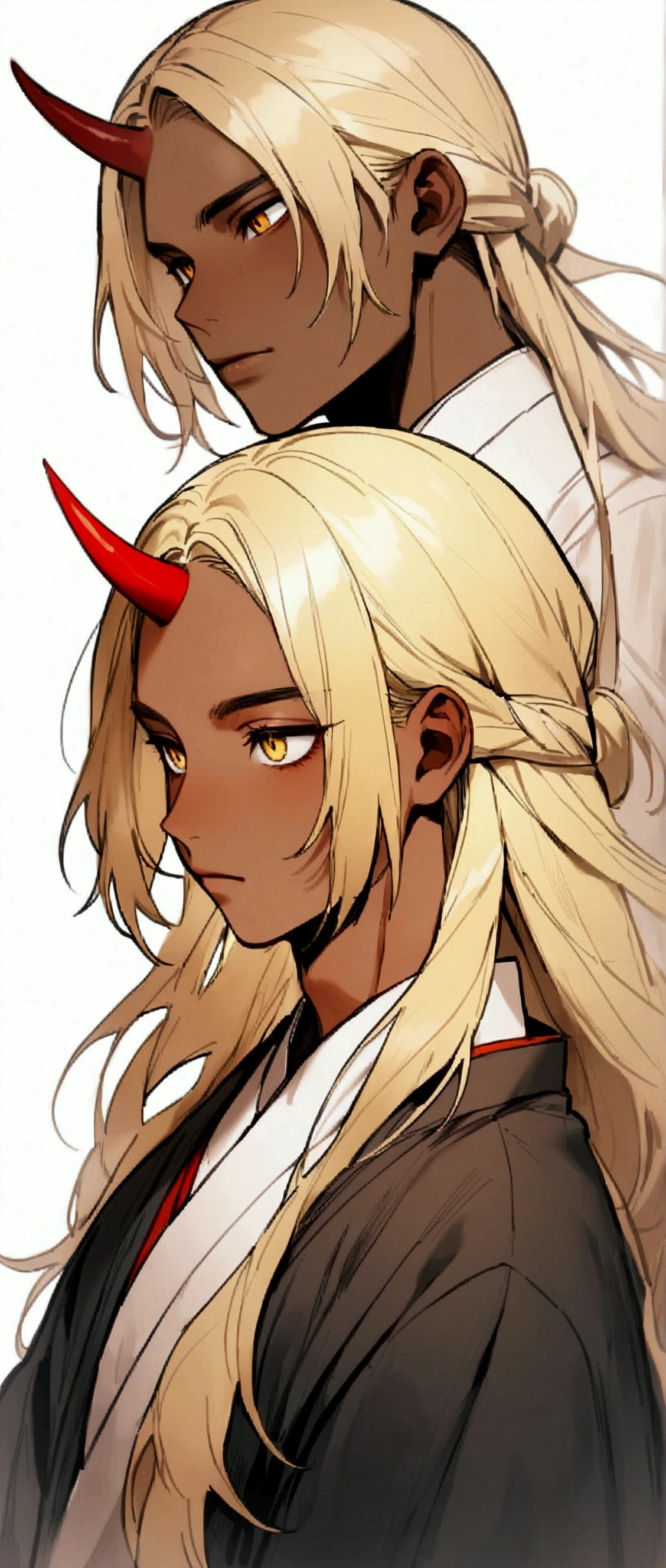 One Man,Beautiful young man with blond hair and dark skin, 20-year-old, Yellow Eyes, length, Silky Hair,Red horns growing from the side of the head,One horn,Wearing traditional Korean clothing,She has her bangs down,