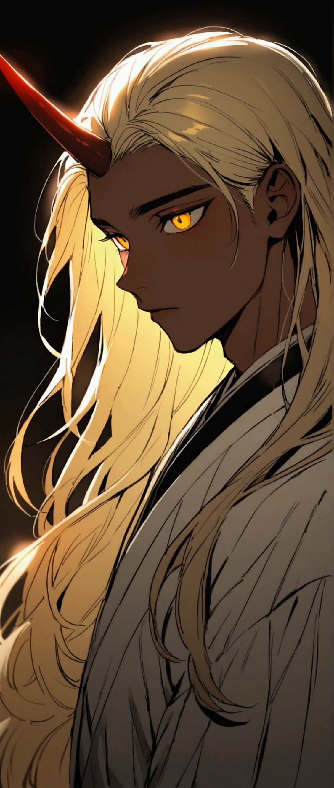 One Man,Beautiful young man with blond hair and dark skin, 20-year-old, Yellow Eyes, length, Silky Hair,Red horns growing from the side of the head,One horn,Wearing traditional Korean clothing,She has her bangs down,