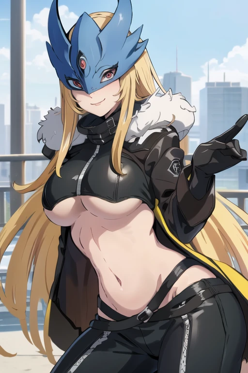 ((masterpiece,best quality)), absurdres, Beelstarmon_Digimon, 1girl, smile, solo,  blonde hair, large breasts, red eyes, sidelocks, third eye, mask,  (fur coat:1.5), cowboy shot, black underboob shirt,leather trench jacket, leather pants, sexy pose, black gloves