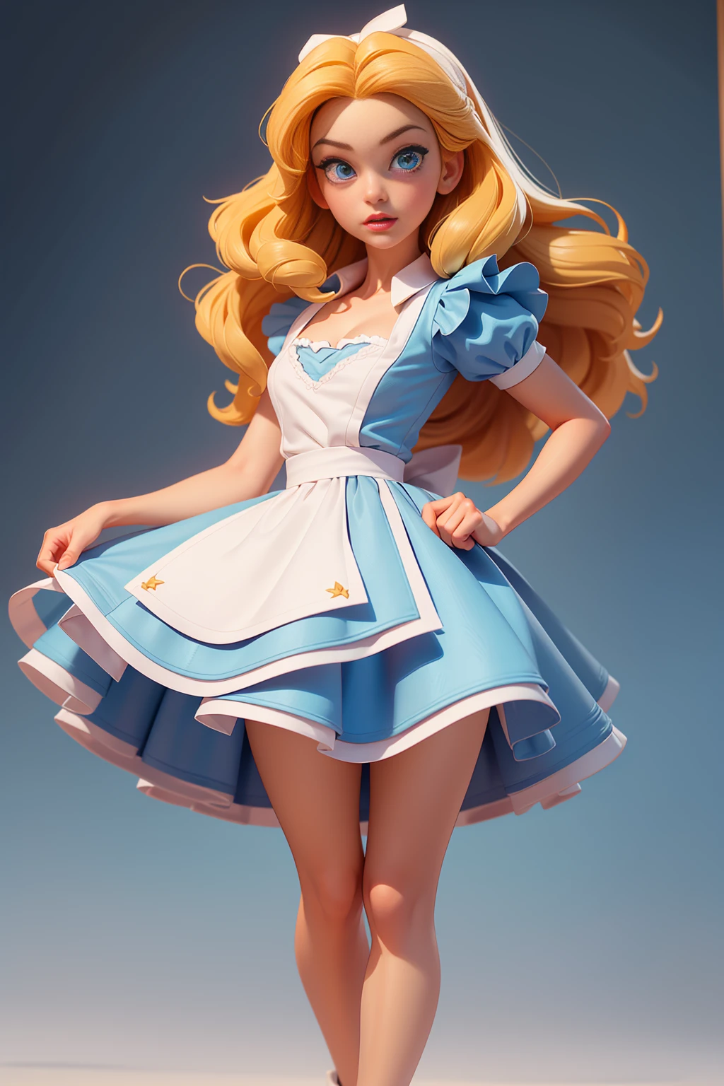 masterpiece, 1girl, solo, make her a sexy Alice in Wonderland with blonde hair, powder blue dress with white apron, white stockings, cleavage, dynamic, ultra high def, 32k, (perfect anatomy:1.5), perfect legs, in the style of Artgerm and Adam Hughes, perfect arms, downblouse, chained up, 