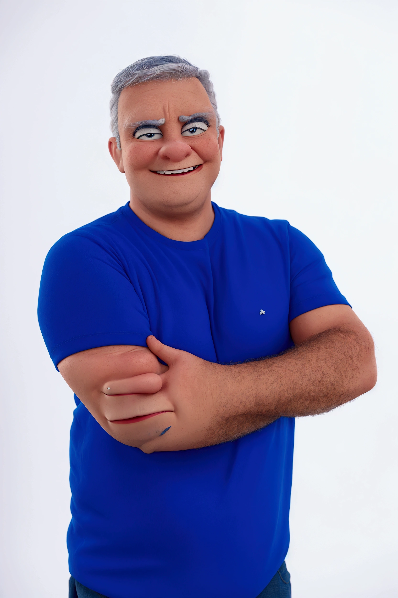 cartoon character, disney, pixar, cross arm, shirt blue. Grinning, White hair, high qualiy, with the left hand in front, happy face, Open eye, from sideways, round collar shirt, fine-detailed
