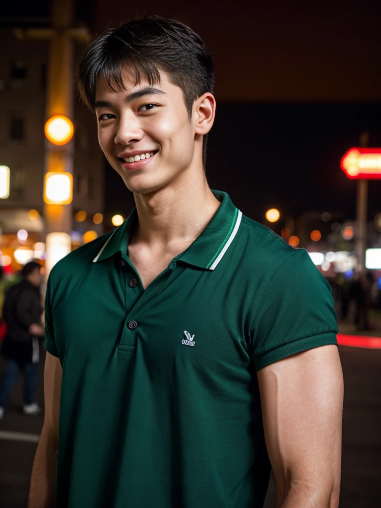 (best quality, 4K, 8K, high resolution, Masterpiece: 1.2), Special details, (realistically, As realistic as a photo, photo realistic: 1.37), Edge lighting, Extra detailed coloring, sharp focus, Physical rendering ,Extremely detailed description,professional,light color,Bokeh,Portrait,look at the viewer,
Young Asian man, 20 years old ,(Wear a dark green polo shirt.), smile