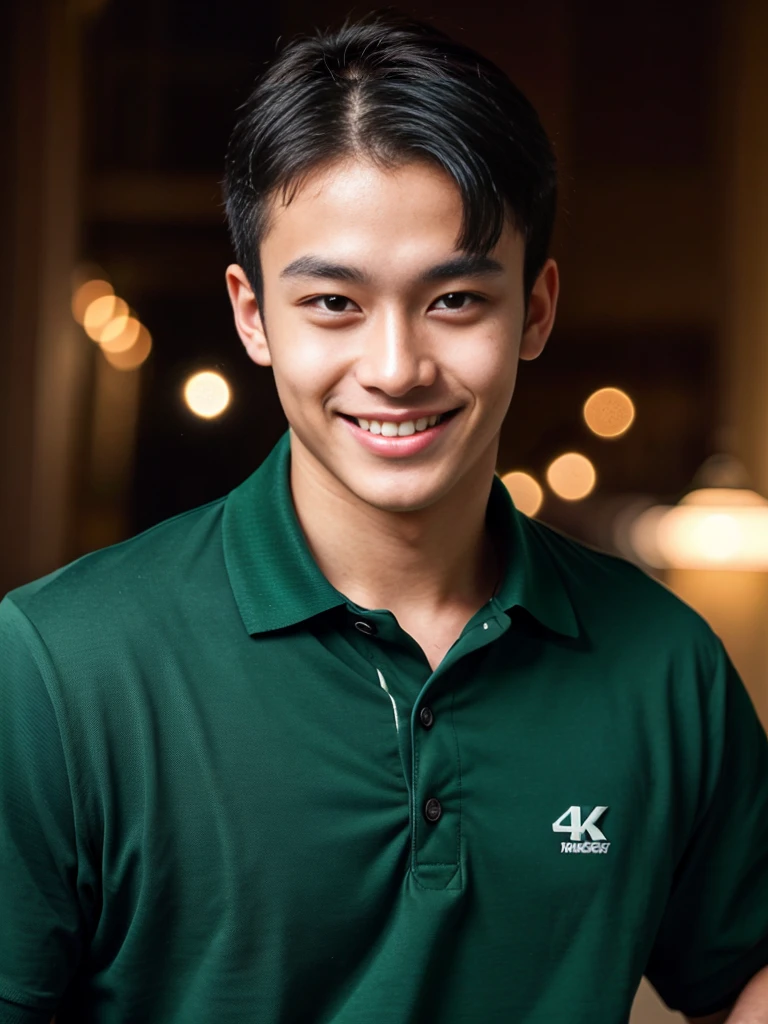 (best quality, 4K, 8K, high resolution, Masterpiece: 1.2), Special details, (realistically, As realistic as a photo, photo realistic: 1.37), Edge lighting, Extra detailed coloring, sharp focus, Physical rendering ,Extremely detailed description,professional,light color,Bokeh,Portrait,look at the viewer,
Young Asian man, 20 years old ,(Wear a dark green polo shirt.), smile