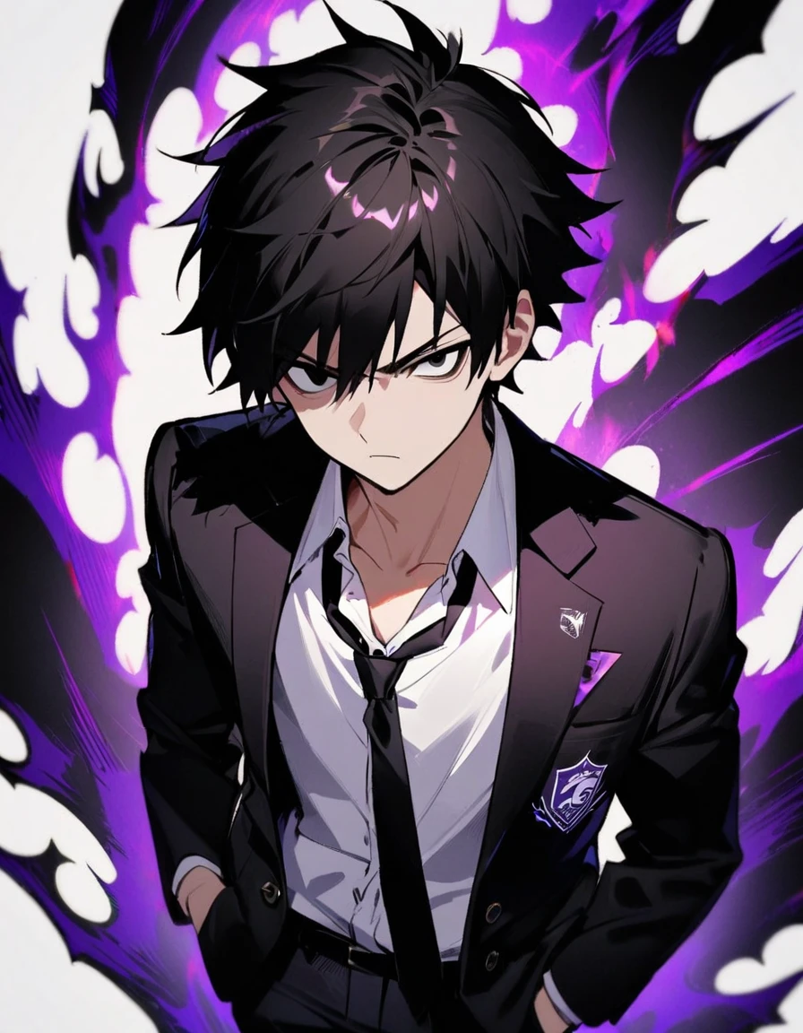 "1boy, 20 year old Boy with black hair , white iris ,complete black eyes,dark purple energy coming from the right eye. Short black school unbuttoned blazer with school logo,white shirt,black tie with logo,black pants,and sneakers,dark aura , serious expression,hands in the pocket,black dragon aura,1:2 portrait"