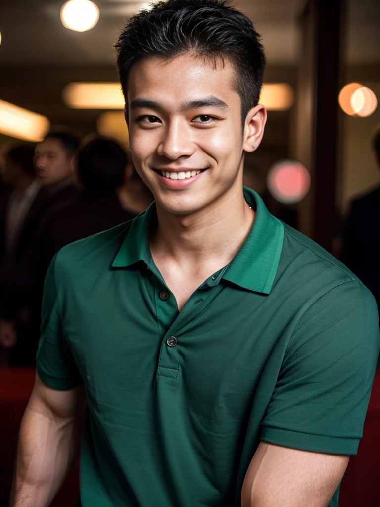 (best quality, 4K, 8K, high resolution, Masterpiece: 1.2), Special details, (realistically, As realistic as a photo, photo realistic: 1.37), Edge lighting, Extra detailed coloring, sharp focus, Physical rendering ,Extremely detailed description,professional,light color,Bokeh,Portrait,look at the viewer,
Young Asian man, 20 years old ,(Wear a dark green polo shirt.), smile
