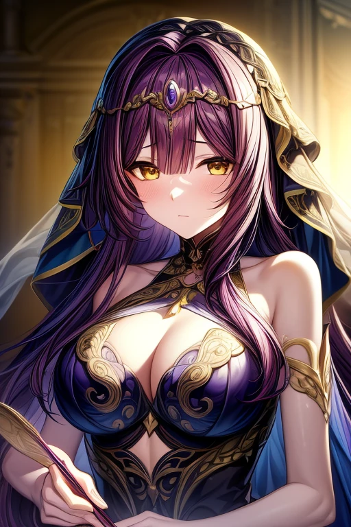 (masterpiece, best quality, perfect face, expressive eyes), 1girl, (anime), (adult), long purple hair, yellow eyes, golden jewelry, purple dress, purple veil, forehead jewel, intricate details, 