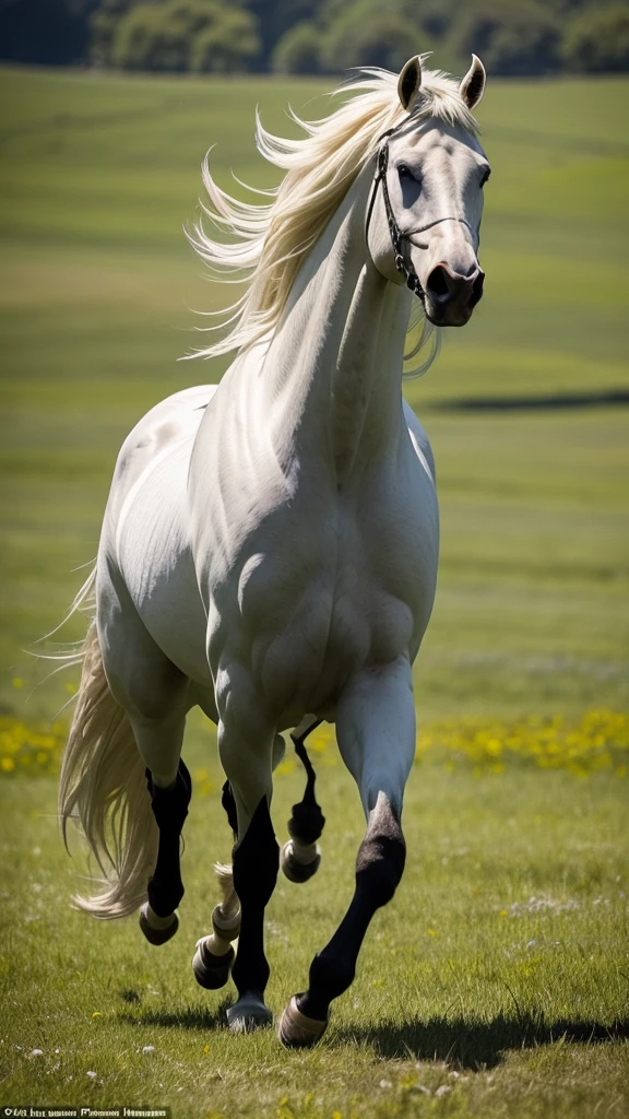 The powerful stallion galloped across the meadow, its mane flowing in the wind as it reveled in its freedom