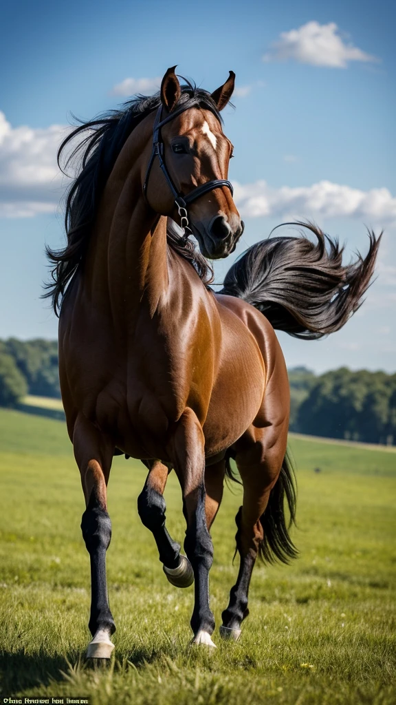 The powerful stallion galloped across the meadow, its mane flowing in the wind as it reveled in its freedom
