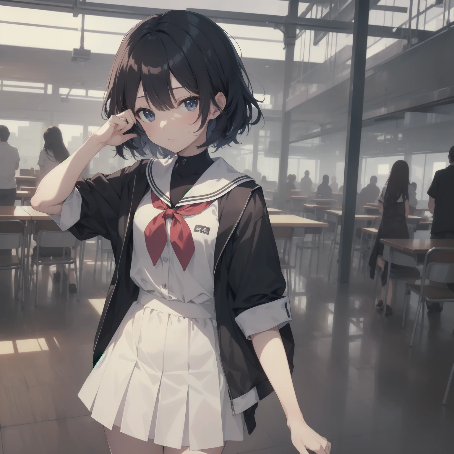 ultra-absurdres-Top quality by artist God, ultra-detailed, high resolution, anime moe artstyle, best anime 8k konachan wallpaper, pixiv contest winner, pool:2810, perfect anatomy,break, 1girl, (Please draw a girl walking sleepily to school alone. )break,(Solo,little female, 13-year-old:1.3),Full limbs, complete fingers,a junior high school student, (very short hair), short cut, flat chest, , small butt, small black eyes, beautiful detailed eyes, well-proportioned iris and pupils, expressive eyes, highres detailed hair, soft expression, salor school_uniform, sailor collar, serahuku, bow, pleated skirt,(Detailed Lighting), (Detailed background), in the School commute route. break,super detailed skin, Best cinematic lighting powered by famous artist, 8k,beauty illustration,photoshop_(medium),very aesthetic,break,((artist:tomose_shunsaku )), artist:clamp ,artist:carnelian ,artist:kantoku ,
