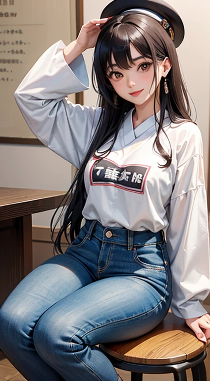 Arabian Asian woman wearing hat and sitting on stool, Chiho, Cute shirt and jeans, Portrait of a Japanese Gal, Ayaka, marisa kirisame, White Background : 3, Sakura Kinomoto, Yuki Morita, harumi, Akemi Takada, Cute playful pose of the dancer, aoshima Chiho