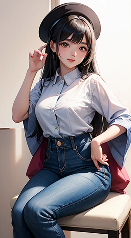Arabian Asian woman wearing hat and sitting on stool, Chiho, Cute shirt and jeans, Portrait of a Japanese Gal, Ayaka, marisa kirisame, White Background : 3, Sakura Kinomoto, Yuki Morita, harumi, Akemi Takada, Cute playful pose of the dancer, aoshima Chiho