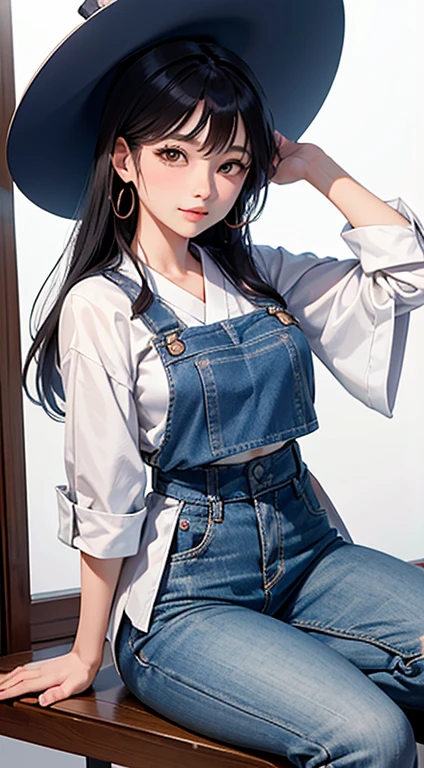 Arabian Asian woman wearing hat and sitting on stool, Chiho, Cute shirt and jeans, Portrait of a Japanese Gal, Ayaka, marisa kirisame, White Background : 3, Sakura Kinomoto, Yuki Morita, harumi, Akemi Takada, Cute playful pose of the dancer, aoshima Chiho