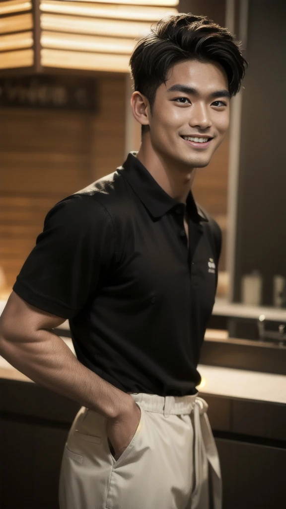 Thai man, short hairstyle, buzz cut, handsome, muscular, big muscles, broad shoulders, model wearing a black polo shirt, standing and smiling.