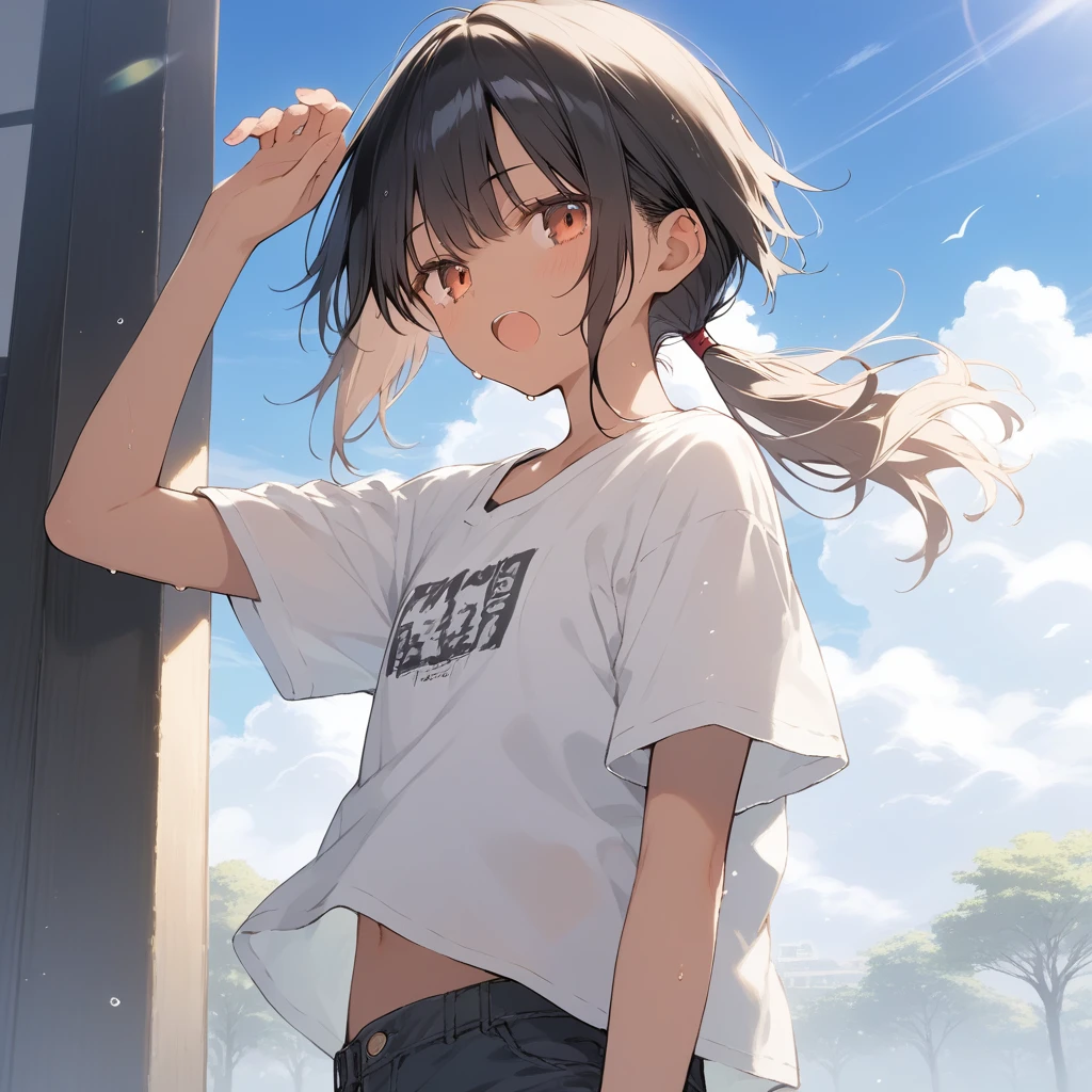 score_9, score_8_up, score_7_up, source_anime, best quality, masterpiece, official art, absurdres, highres, ultra-detailed,waifu2x,Collection: Slice of Life,break,1girl, tomboy, dark-skinned female, short hair, low ponytail, flat chest, beautiful detailed eyes, short shorts, sweat, open mouth, (yawn:0.3), sleepily, outdoors, wind,break,(clear line illustration:1.2), super detailed skin,very high resolution, very aesthetic, Best sexual lighting powered by famous artist, 8k,cute picture,beauty illustration,photoshop_(medium),,(Detailed Lighting),best anime 8k konachan wallpaper, pixiv contest winner,