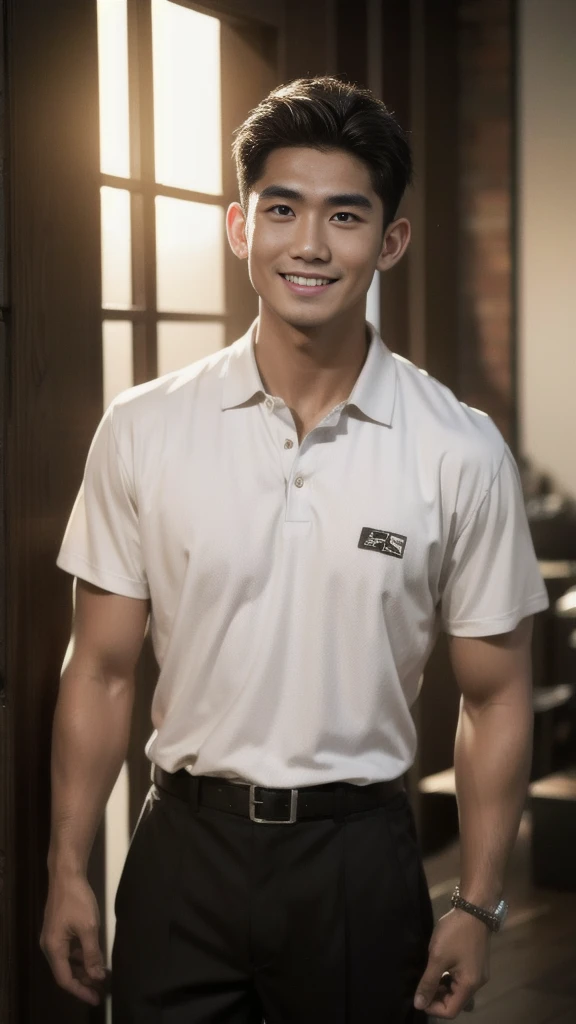 Thai man, short hairstyle, buzz cut, handsome, muscular, big muscles, broad shoulders, model wearing a black polo shirt, standing and smiling.