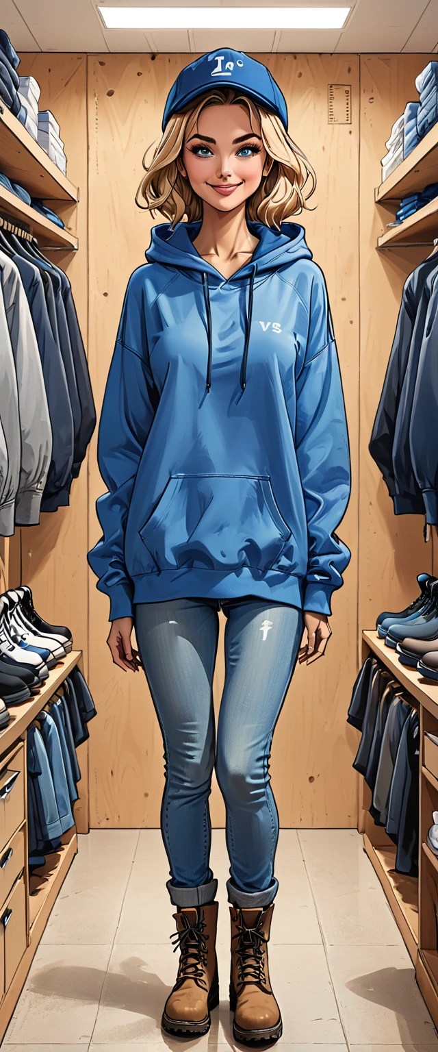 ((white changing room in the store)), smile, cloth store,fullbody, girl in Blue oversized hoodie and levis (jeans) and black hiking boots and hat in a dynamic pose, adult, [Nordic], Hourglass elongated fitness body, perfect Olive skin, Oval Face, Long neck, Rounded shoulders, perfect hand, Attached Pointed ears, round forehead, (Short blonde Waves pixie hair), snub nose, Arched eyebrows, ((Monolid blue Eyes)), High Round Narrow cheekbones, Dimpled Cheeks, Rounded Chin, Rounded Jawline, Full nude Lips, (blue eyes), Nude Makeup Look, long eyelashes, third breast size, ong slim fitness legs, graphic style of novel comics, perfect hands, 2d, 8k, hyperrealism, masterpiece, high resolution, best quality, ultra-detailed, super realistic, Hyperrealistic art, high-quality, ultra high res, highest detailed, lot of details, Extremely high-resolution details, incredibly lifelike, colourful, soft cinematic light,