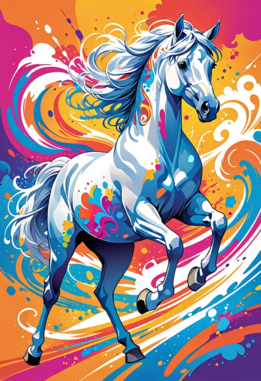 vectorial art, Colorful illustration with white horse, At the center, swirly vibrant colors, paint splashes and smears, high détail,Hawaiian style background