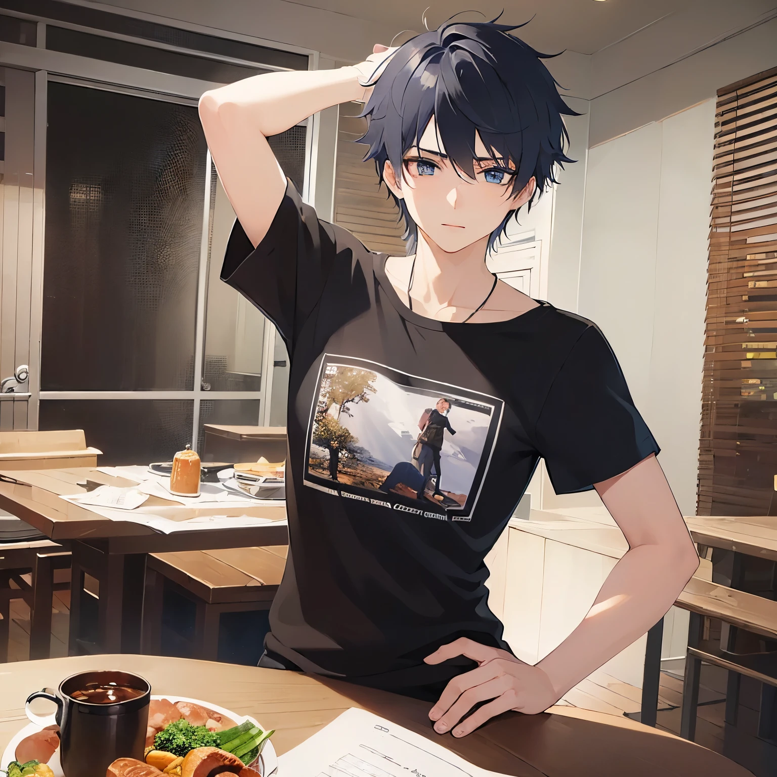 (25-year-old male:1.5) and (Black short hair) and (blue eyes),upper body,
shiny skin, masterpiece、Highest quality、
(white) and (T-Shirts)、
The background is the dining room at night、hand on hip、hand behind head、expressionless