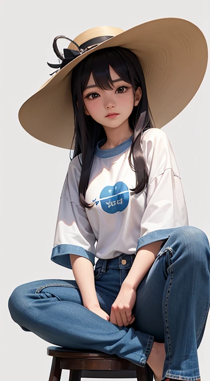 Arabian Asian woman wearing hat and sitting on stool, Chiho, Cute shirt and jeans, Portrait of a Japanese Gal, Ayaka, marisa kirisame, White Background : 3, Sakura Kinomoto, Yuki Morita, harumi, Akemi Takada, Cute playful pose of the dancer, aoshima Chiho