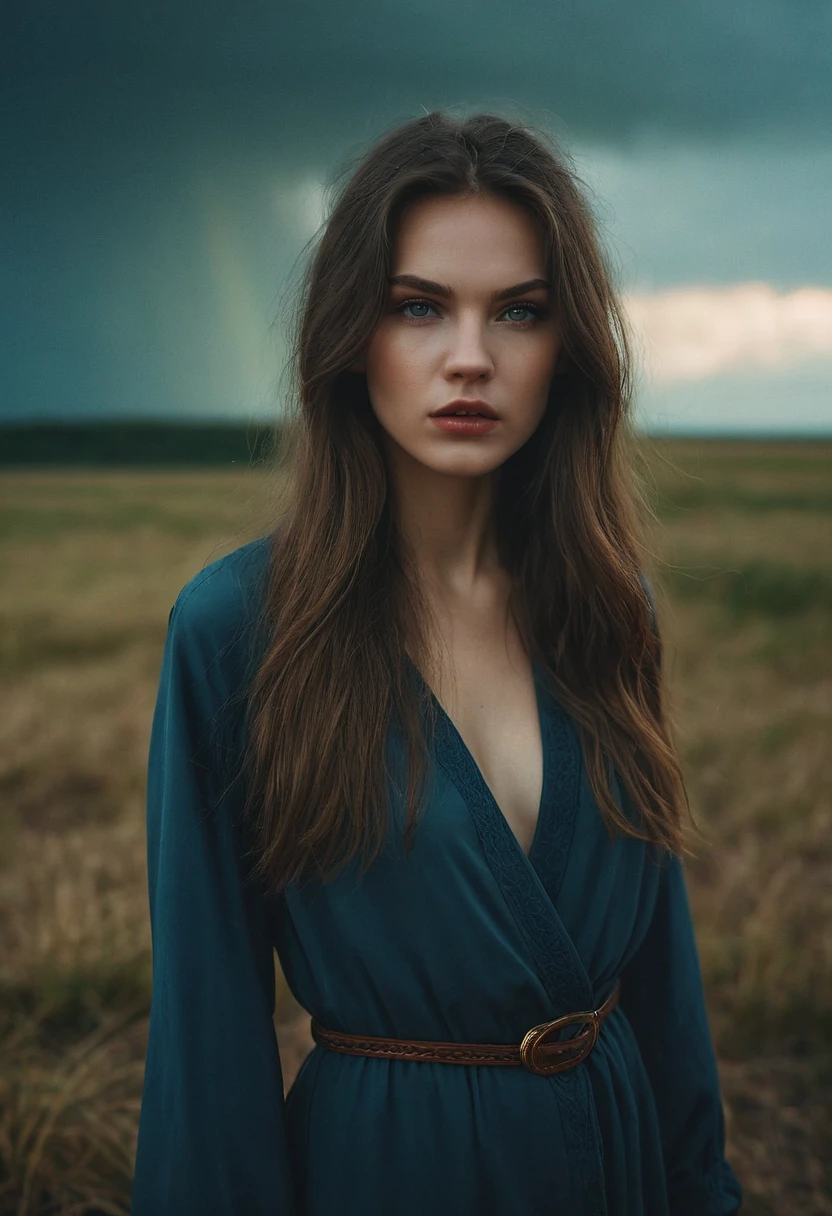 professional photograph the photo was shot on a Sony Alpha a7R IV camera and a Sony FE 85mm f/1.8 lens, aperture f/1.8, shutter speed 1/125s, ISO 800. (michale kors photo by Guy Aroch:1.2), beautiful evil slavic woman, pale skin, long hair, An evocative and moody depiction of full length view of wide angle shot at 25 years old [Into The Storm],