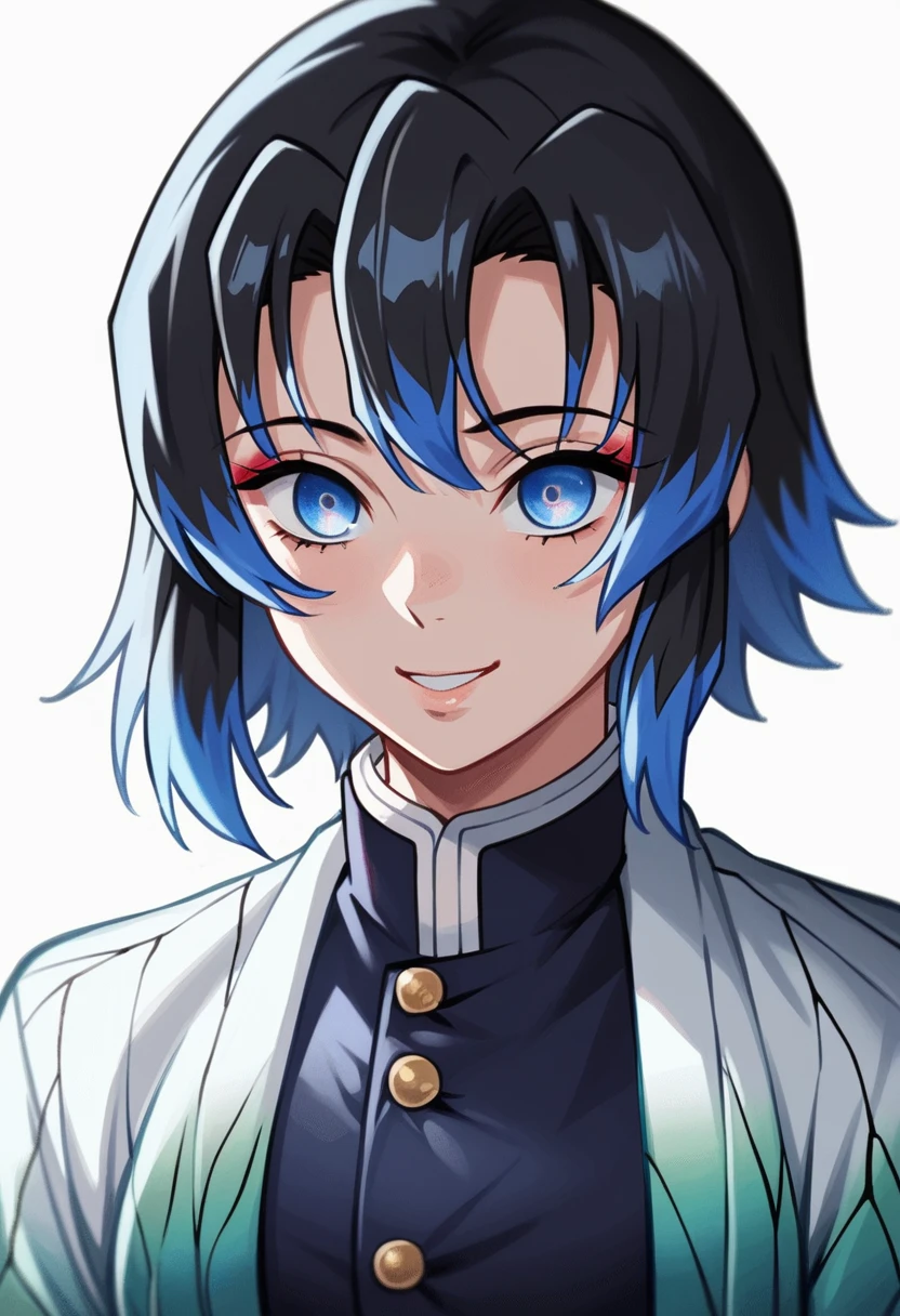 Draw a character in animated art style, with a vibrant and expressive appearance. The character must have exaggerated characteristics, like big, expressive eyes, a subtle and fun smile, and a straight posture. do not distract from the main figure. The character must be from the Kimetsu no Yaiba universe/Demon Slayer, frontal angle, animated cartoon, beautiful drawing. A female character, light blue gradient black hair, blue colored eyes, wearing a pretty dark colored skirt, haori azul, short layered hair, Fun