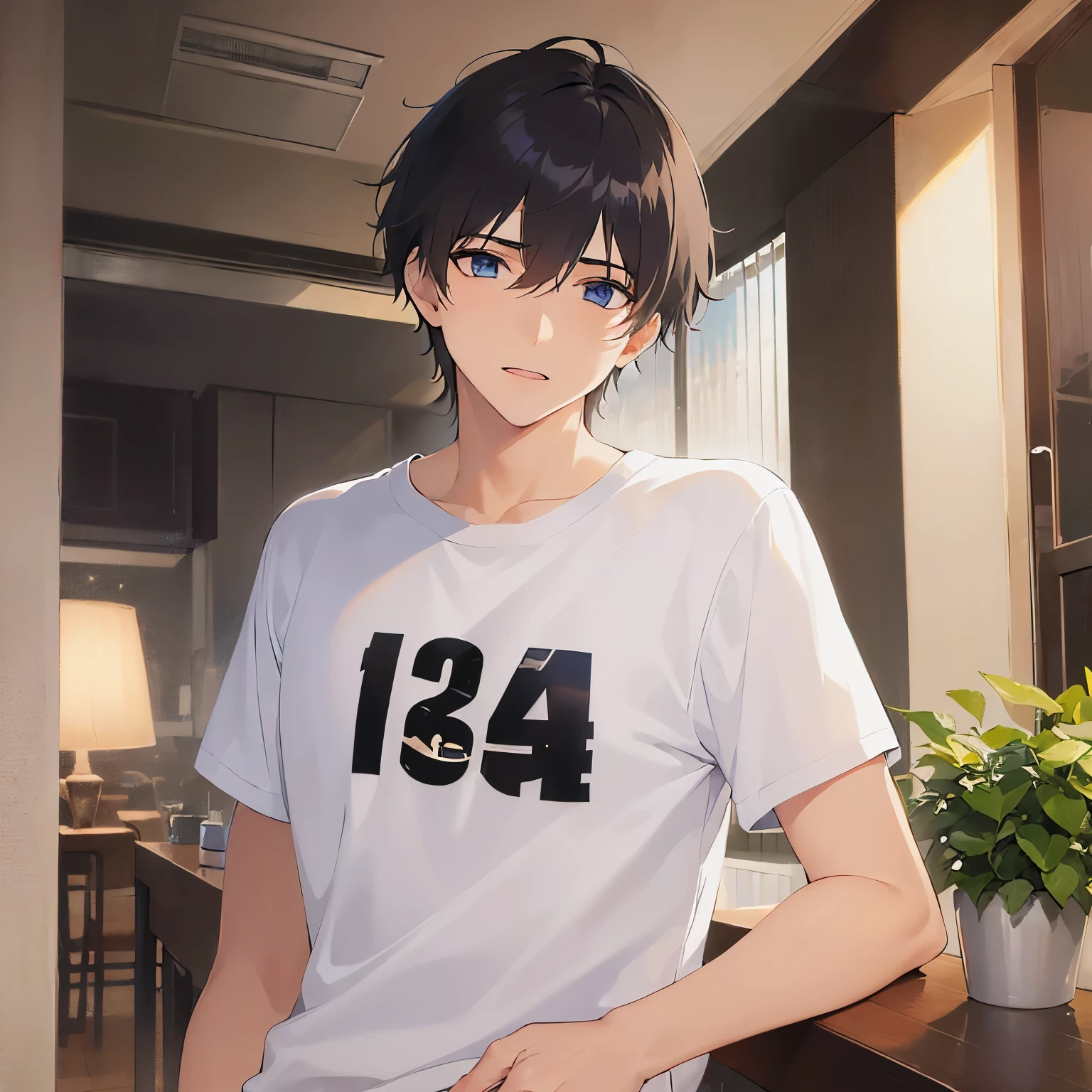 (25-year-old male:1.5) and (Black short hair) and (blue eyes),upper body,
shiny skin, masterpiece、Highest quality、
(white) and (T-Shirts)、
The background is the dining room at night、hand on hip、hand behind head、expressionless
