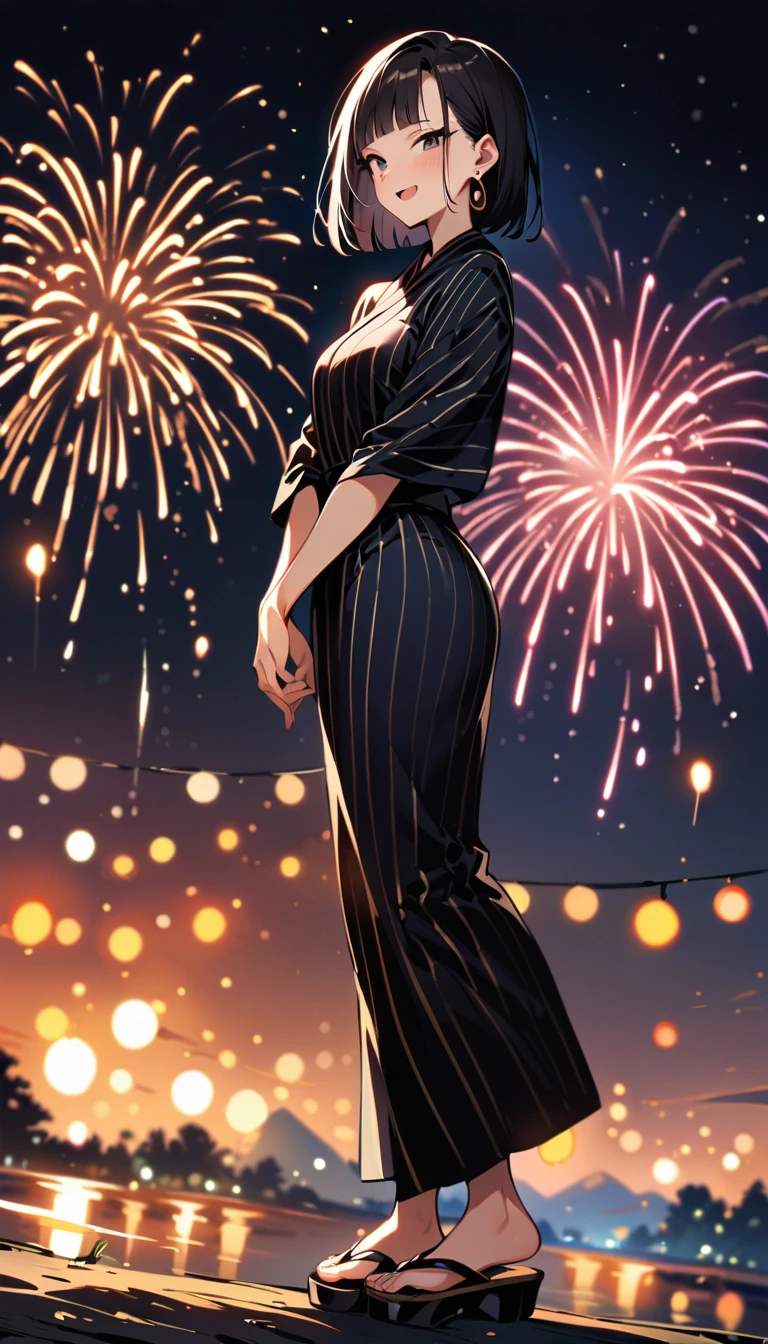 (masterpiece, best quality:1.2),1girl, (solo), Android 18 from Dragon Ball, ((stripe kimono)), medium breasts, blunt bangs, black short hair, (black eyes), earrings on earlobes, slim, slender feminine figure, skinny body, blush, magnificent view, blur background, 4K, open mouth, smile, full body, Japanese sandals, Asakusa, Kaminarimon, firework, (own hands together),