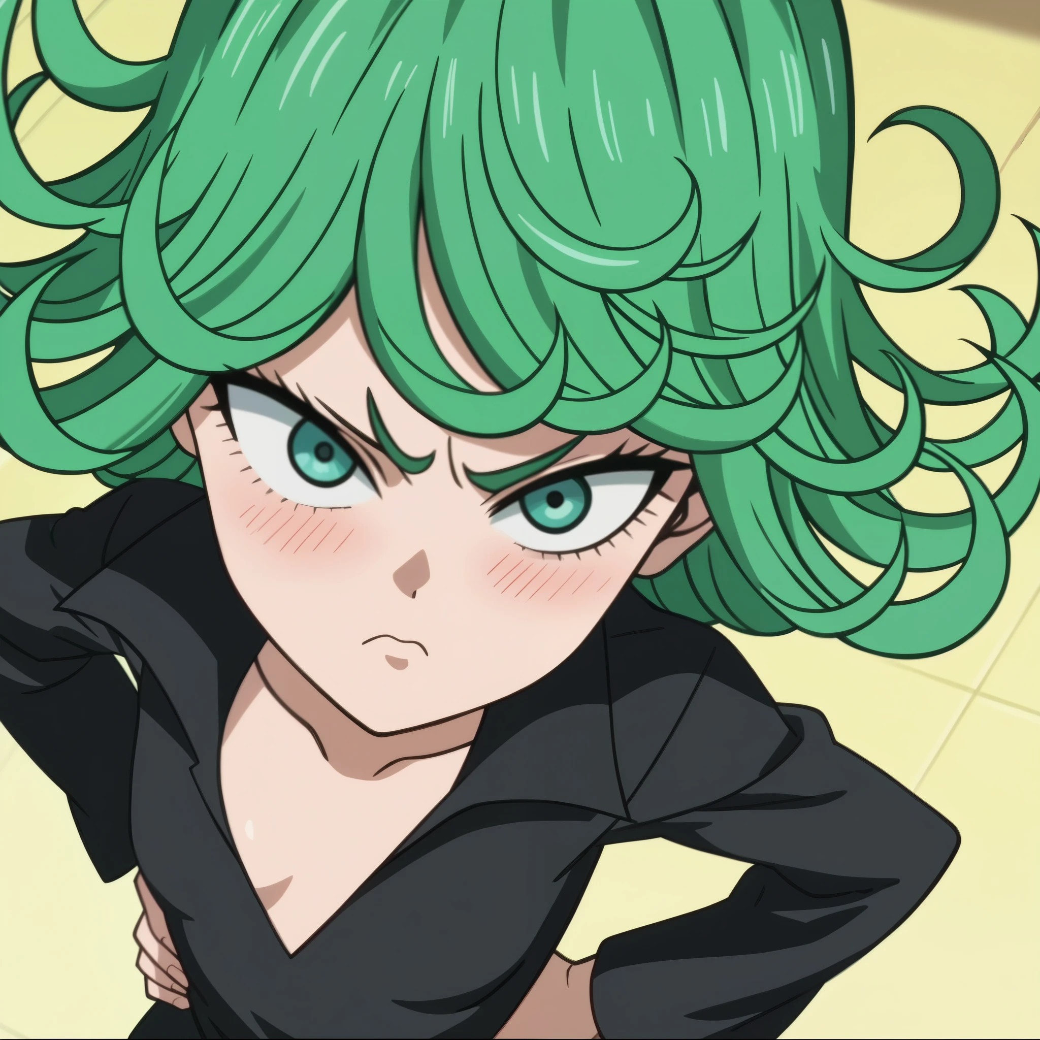 score_8, score_7_up, score_6_up, source_anime, anime screencap, 1girl, lluminartis, tatsumaki, green hair, curly hair, short hair, green eyes, bangs, small breasts, flipped hair,  close-up of face, from above, pouting, blush, standing, hands on hips,