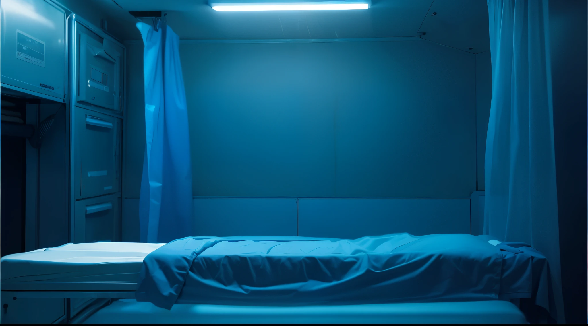 This image depicts a hauntingly sterile scene of a morgue. The room is illuminated by cold, blue lighting that casts an eerie glow over the space. There are gurneys lined up, each covered with a blue sheet that hides the shape of a body beneath. Curtains are partially drawn around some areas, suggesting privacy or ongoing examinations. The overall atmosphere is somber and clinical, accentuated by the minimalist design and the chilling orderliness of the environment. The scene conveys a sense of quiet solitude typical of such places, where the stillness is palpable and profound.The overall composition of the image is both eye-catching and charming, effectively conveying a sense of joy and creativity.ffects render, (glossy plastic texture with multiple big light probe refractions), perfect cgi, smooth silhouette, high intensity refraction, (super glossy plastic material), most beautiful vfx, , realistic, 4k, high resolution, rim light, smooth 3d model, multiple light sources, rim light, sharp post effects render,, realistic, 4k, high resolution, rim light detailed digital art, reflective, best quality, 4k, masterpiece:1.2, ultra-detailed, realistic, vivid colors, The image of the highest quality, ensuring every detail showcased perfectly. It in 4k resolution, allowing viewers to immerse themselves in the richness of the colors and intricate details. The realistic rendering. under the spotlight, reflecting, high-resolution image, realistic rendering