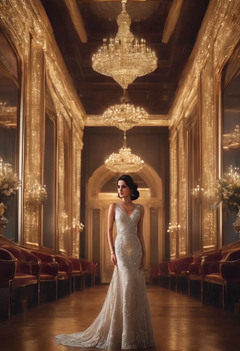 Create an image of a small town setting with a stylish woman named Nazanin who is known for her impeccable taste in clothing. She is wearing a beautiful, elegant dress that captures everyone's attention as she enters a grand hall filled with admiring onlookers. The atmosphere should be festive, with decorations and warm lighting highlighting the scene.