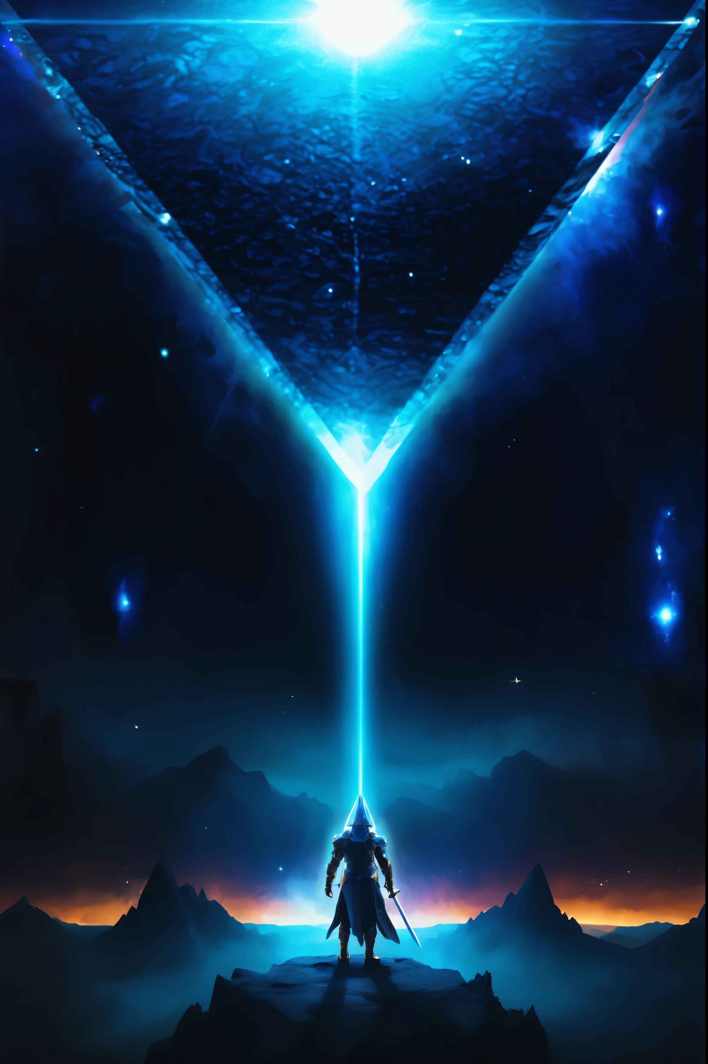 Digital artwork featuring a sci-fi and fantasy theme. The layout is vertical, with a central figure standing on a rocky outcrop, facing a massive, glowing, inverted pyramid in the sky. The figure appears to be a warrior, clad in futuristic armor, holding a sword, and is illuminated by a beam of light emanating from the pyramid. The background showcases a starry night sky with nebulae and distant mountains, creating a sense of vastness and otherworldliness. The color palette is dominated by shades of blue and black, with bright white highlights from the light sources.
