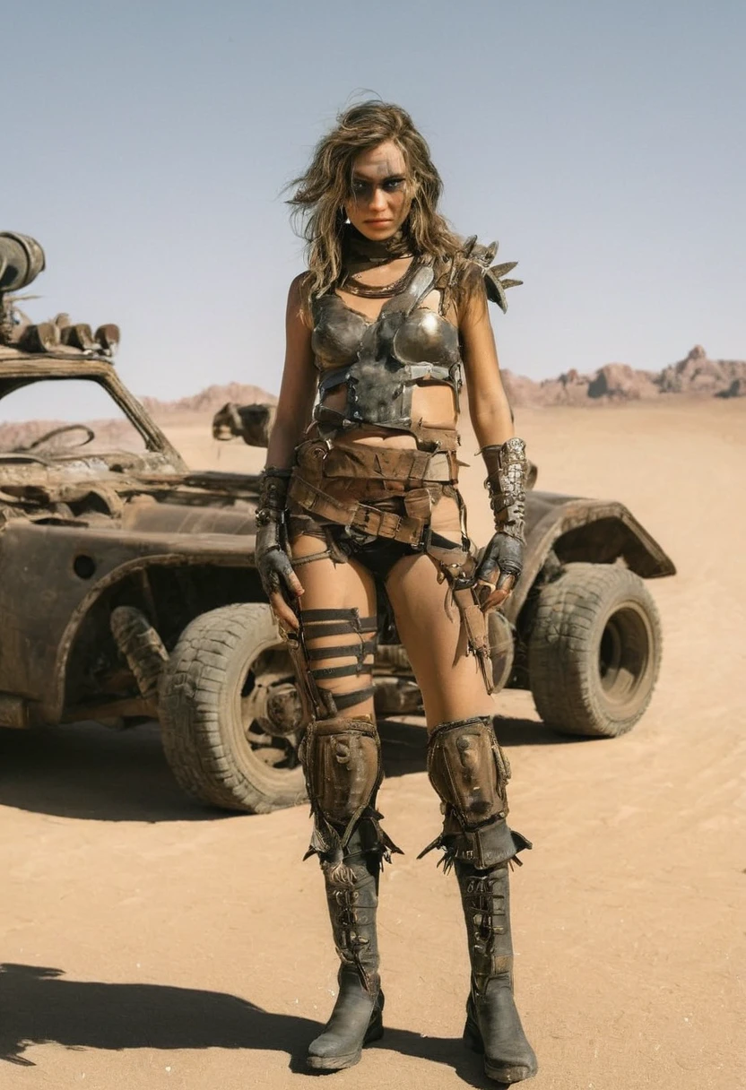 A pretty girl wearing survivor armor on desert with apocalyptic vehicle from the Mad Max movie
