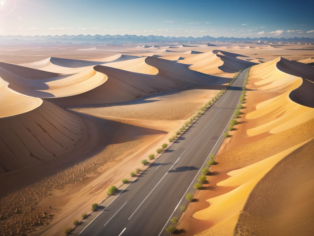 (desert :1.2),road ,(รถกระบะวิ่งบนroad:1.2) landscape:1.5