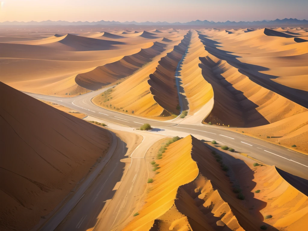 (desert :1.2),road ,(รถกระบะวิ่งบนroad:1.2) landscape:1.5