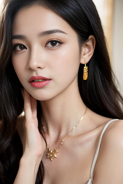 (Masterpiece:1.3), (8 thousand, realistic, raw photos, best quality: 1.4), (1 woman),(Very sexy), (Beautiful makeover), (유난히 아름다운 realistic 얼굴), (build a beautiful body) , (Long eyelashes),  (Double eyelids), (black hair. Parting ways, long hair:1.3), (아름다운 Parting ways스타일), (The eyes are realistic and truly beautiful and delicate.), (Beautiful and big breasts), (realistic and beautiful skin), (nonsense), (charming), (Ultra high resolution), (extremely realistic), (very detailed), (golden ratio),   (necklace),  (earring), (สวยและVery sexy)