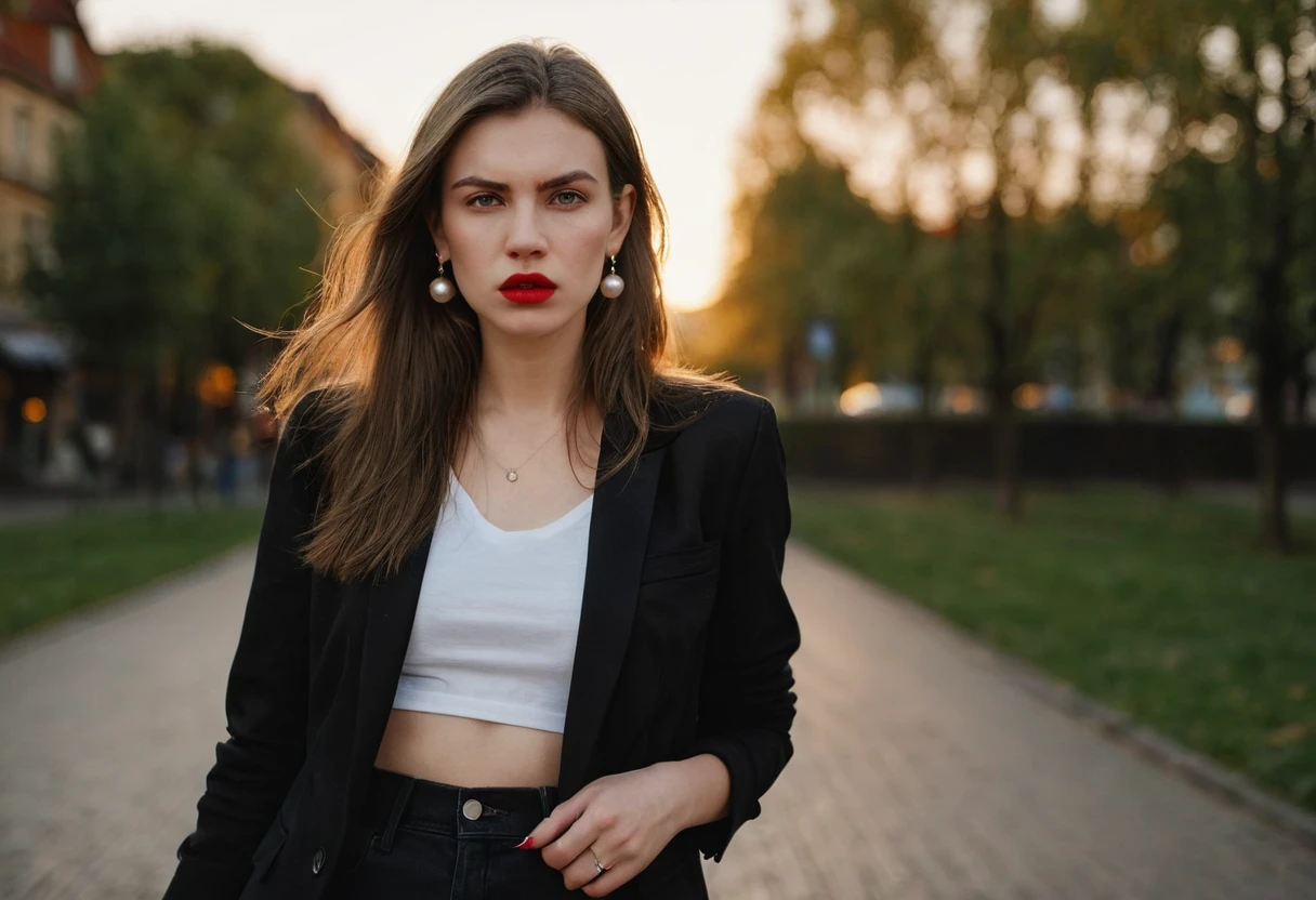color digital photograph of Lucie Prochazka a woman from czech republic wearing (a black blazer), (a white t-shirt), (black skinny jeans), (black ankle boots), (pearl earrings), (red lipstick), and Slingbacks shoes shot on Nikon Z9 by Denis Karasev, 26 years old, pale skin, (long hair), tiny figure, small breasts, feeling (feeling Hate, Intense, Hostile, Aversion, Anger, Resentment, Disgust, Animosity, Hostility, Loathing, Malice, face: Scowl, Frown, Glare, Narrowed Eyes, Sneer, Lip Curl, Tense Jaw, Raised Eyebrows, Cold Stare, Contempt), at golden hour,full body, masterpiece, natural lighting, (outdoor setting:1.2), warm tones, side lighting, natural skin details, 4k, UHD, masterpiece, detailed eyes, detailed face, detailed skin, perfect hands, perfect feets, photo, high skin detail, moles, imperfect skin, ultra realism, RAW photo, subsurface scattering