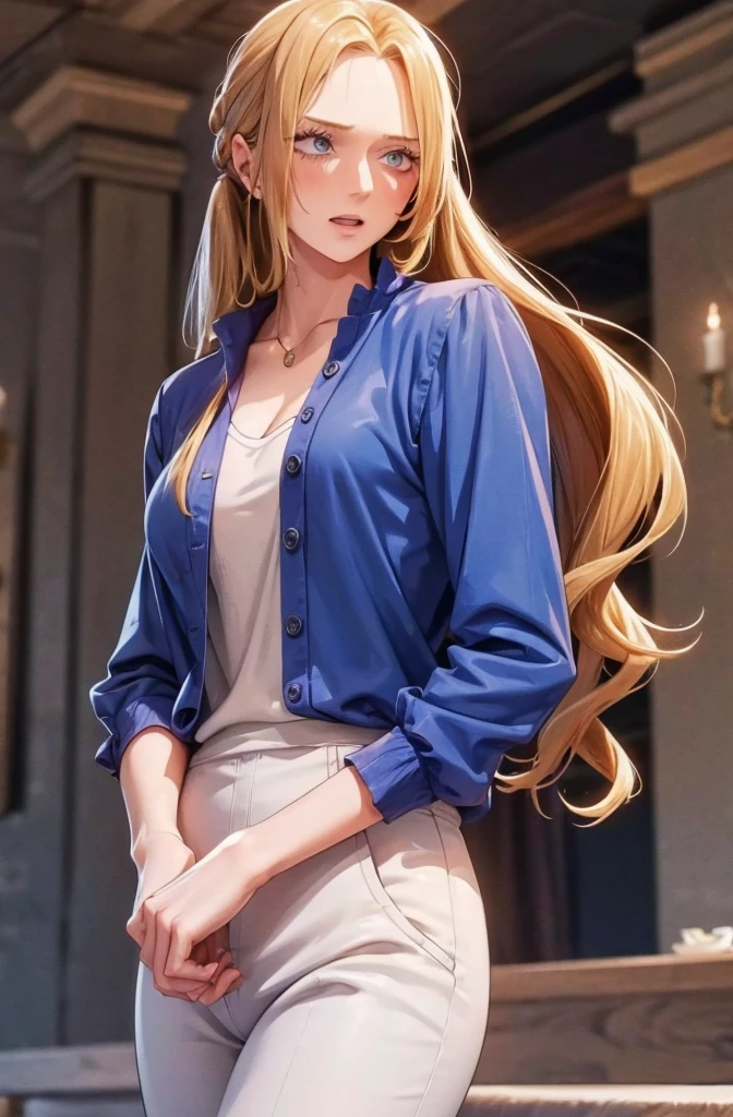 (masterpiece, absurdres, highres, ultra detailed), 1woman, wavy blonde hair, adult, blue eyes, ponytail, male focus,handsome face, casual clothes, charming, lovely, detailed eyes and face,