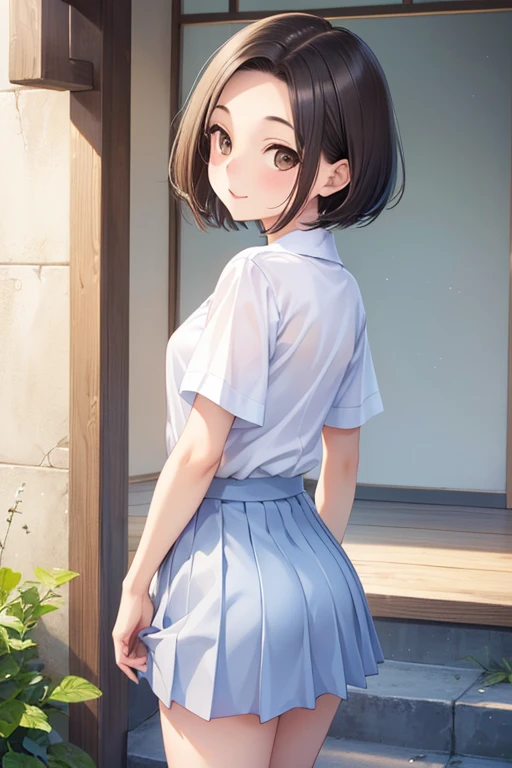 Rinko Kobayakawa、Shiny brown hair, ((Center-parted bangs that expose the forehead、short hair、))、, (Beautiful brown eyes、Sparkling eyes, Fine grain)、smile、Ultra-detailed eyes、Very detailed顔, Very detailed目,

masterpiece, Highest quality, High resolution, 


Highest quality、High resolution、Detailed Background、Beautiful and dense face、Beautiful, smooth skin、Skin Texture、(Realistic:1.1)、Perfect body line、(Cute beautiful girl:1.5)、

One girl, Look back and look at thiini skirt, ペンシルmini skirt, White shirt, Tucked in shirt, Recall,Angle from below, masterpiece, Highest quality, Very detailed