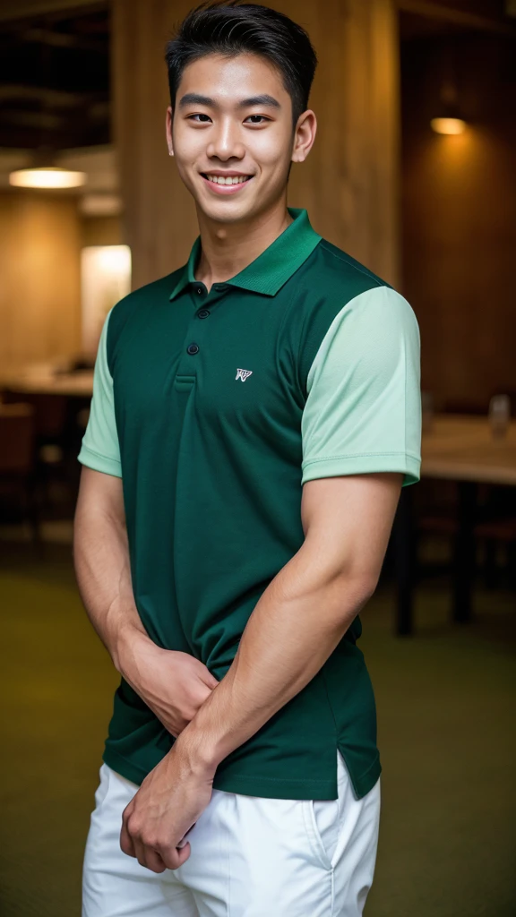 (best quality, 4K, 8K, high resolution, Masterpiece: 1.2), Special details, (realistically, As realistic as a photo, photo realistic: 1.37), Edge lighting, Extra detailed coloring, sharp focus, Physical rendering ,Extremely detailed description,professional,light color,Bokeh,Portrait,look at the viewer,
Young Asian man, 20 years old ,(Wearing a green and black polo shirt), smile ,canteen