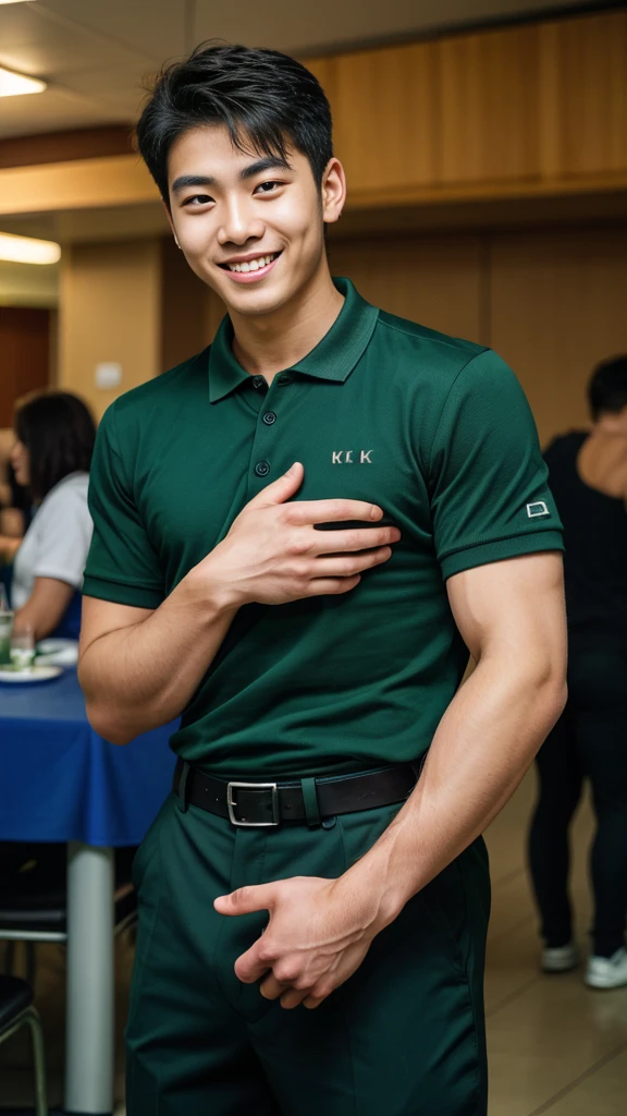 (best quality, 4K, 8K, high resolution, Masterpiece: 1.2), Special details, (realistically, As realistic as a photo, photo realistic: 1.37), Edge lighting, Extra detailed coloring, sharp focus, Physical rendering ,Extremely detailed description,professional,light color,Bokeh,Portrait,look at the viewer,
Young Asian man, 20 years old ,(Wearing a green and black polo shirt), smile ,canteen