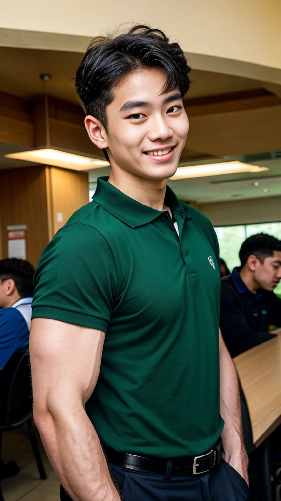 (best quality, 4K, 8K, high resolution, Masterpiece: 1.2), Special details, (realistically, As realistic as a photo, photo realistic: 1.37), Edge lighting, Extra detailed coloring, sharp focus, Physical rendering ,Extremely detailed description,professional,light color,Bokeh,Portrait,look at the viewer,
Young Asian man, 20 years old ,(Wearing a green and black polo shirt), smile ,canteen