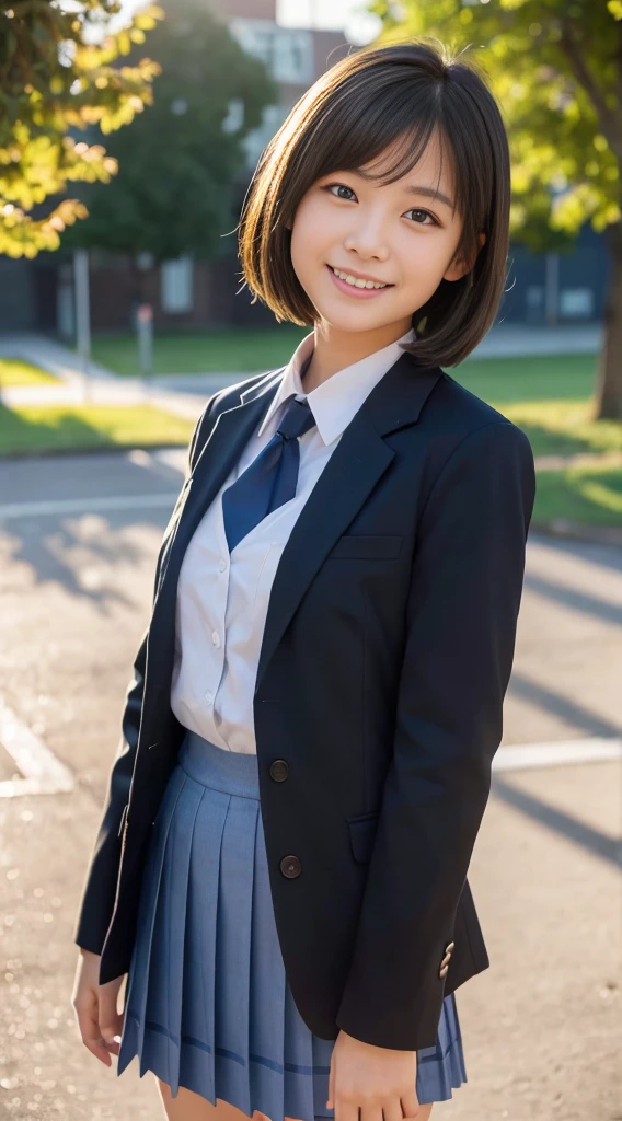 (Highest quality,8K quality,masterpiece:1.3),(Ultra-high resolution,Realistic:1.4,RAW Photos),(Very detailed,Caustics,Detailed Background),(Ultra-Realistic Capture,Fine and beautiful skin,Perfect Anatomy),At dusk,Sunset sky,School building,Schoolyard,18-year-old,cute,single eyelid,Black short bob,School blazer uniform,Looking into the camera,Laughter,Bust up shot,Natural soft light