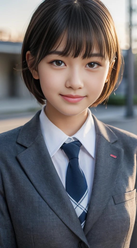 (Highest quality,8K quality,masterpiece:1.3),(Ultra-high resolution,Realistic:1.4,RAW Photos),(Very detailed,Caustics,Detailed Background),(Ultra-Realistic Capture,Fine and beautiful skin,Perfect Anatomy),At dusk,Sunset sky,School building,Schoolyard,18-year-old,cute,single eyelid,Black short bob,School blazer uniform,Looking into the camera,Laughter,Bust up shot,Natural soft light