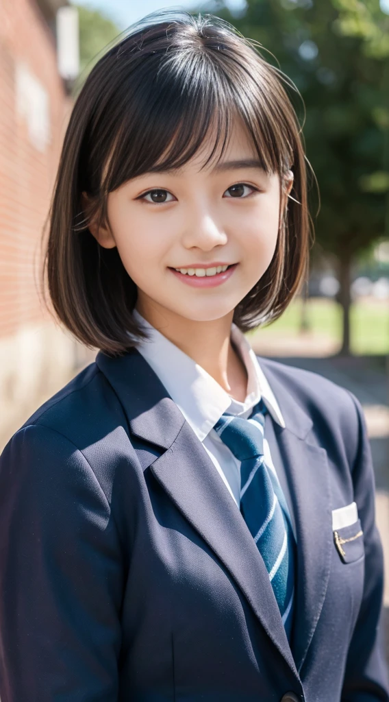 (Highest quality,8K quality,masterpiece:1.3),(Ultra-high resolution,Realistic:1.4,RAW Photos),(Very detailed,Caustics,Detailed Background),(Ultra-Realistic Capture,Fine and beautiful skin,Perfect Anatomy),At dusk,Sunset sky,School building,Schoolyard,18-year-old,cute,single eyelid,Black short bob,School blazer uniform,Looking into the camera,Laughter,Bust up shot,Natural soft light