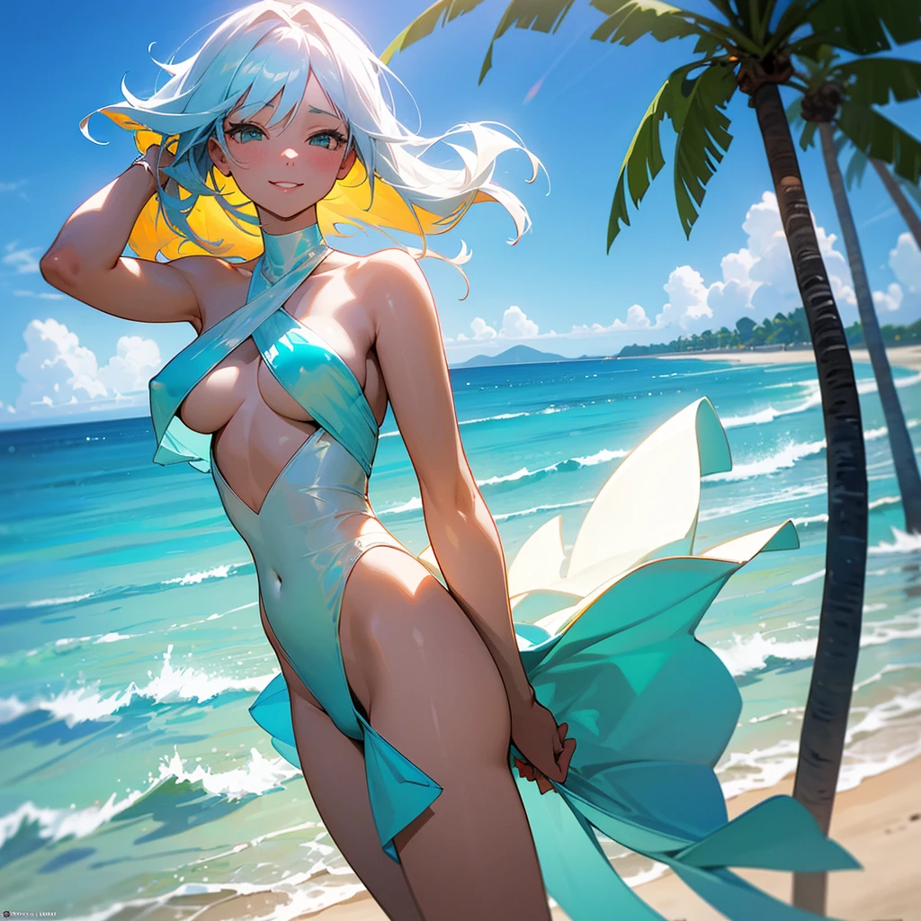NSFW, sexy, erotic, A stunningly beautiful woman in a swimsuit, standing on a pristine beach. The woman has long, flowing hair, a radiant smile, and is wearing a fashionable bikini that accentuates her figure. The beach is idyllic, with soft white sand, crystal-clear turquoise waters, and gentle waves lapping at the shore. In the background, there are palm trees swaying in the breeze, and the sun is shining brightly in a clear blue sky. The overall scene is vibrant, lively, and exudes a sense of relaxation and enjoyment. --fine-details --hand-precision --high-fidelity --micro-textures --super-resolution