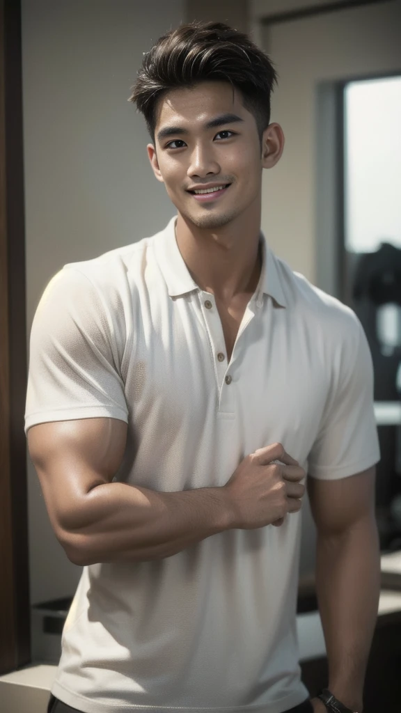 Thai man, short hairstyle, buzz cut, handsome, muscular, big muscles, broad shoulders, model wearing a black polo shirt, standing and smiling.