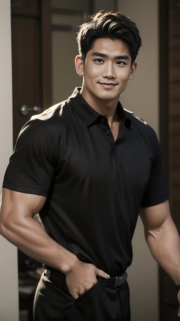 Thai man, short hairstyle, buzz cut, handsome, muscular, big muscles, broad shoulders, model wearing a black polo shirt, standing and smiling.